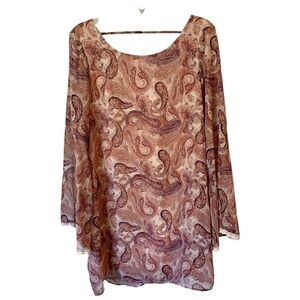 Xhilaration Paisley Floral Bell Sleeves Mini Sheer Burgundy Multicolor Dress XXL